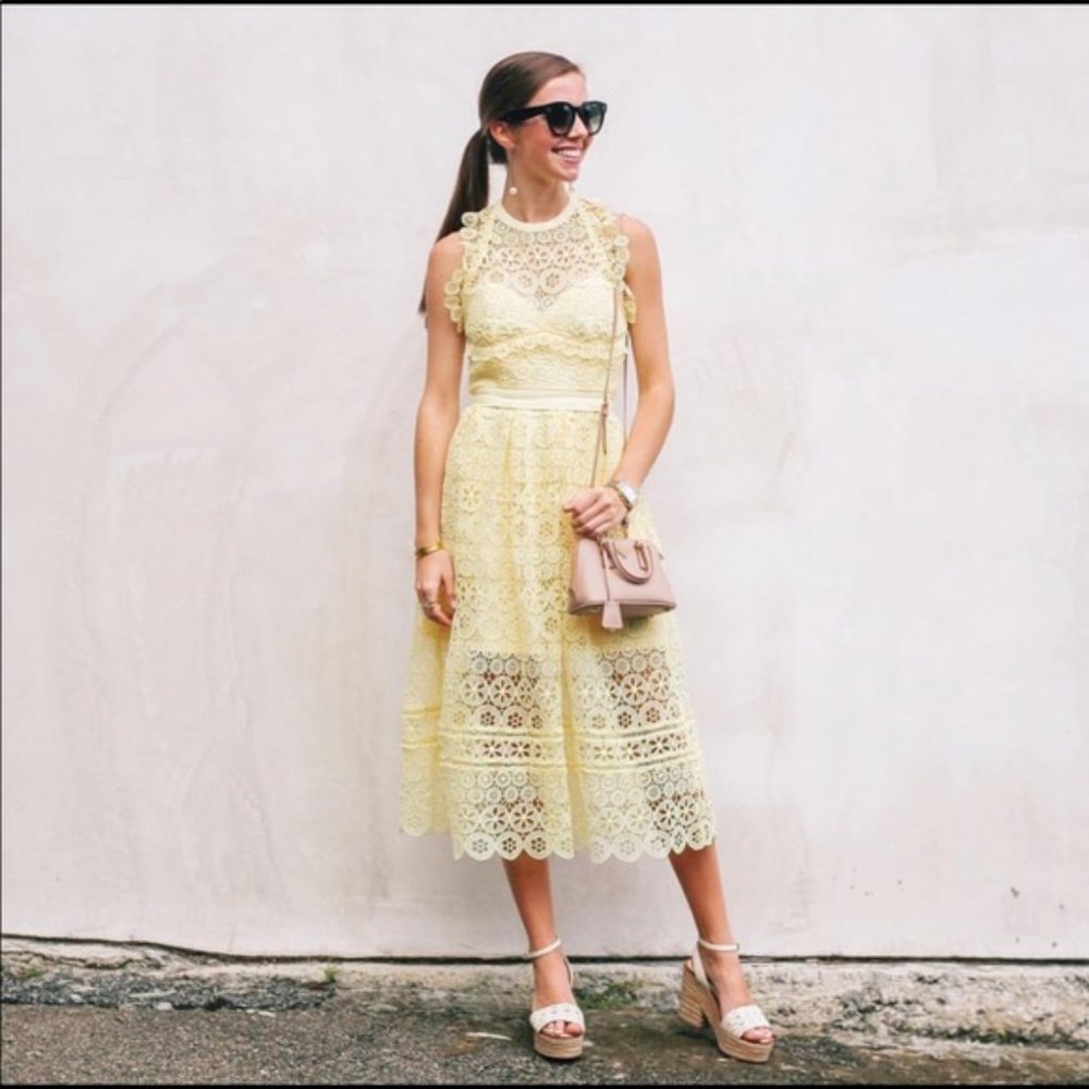 Self-Portrait Pale Yellow Lace Midi Dress